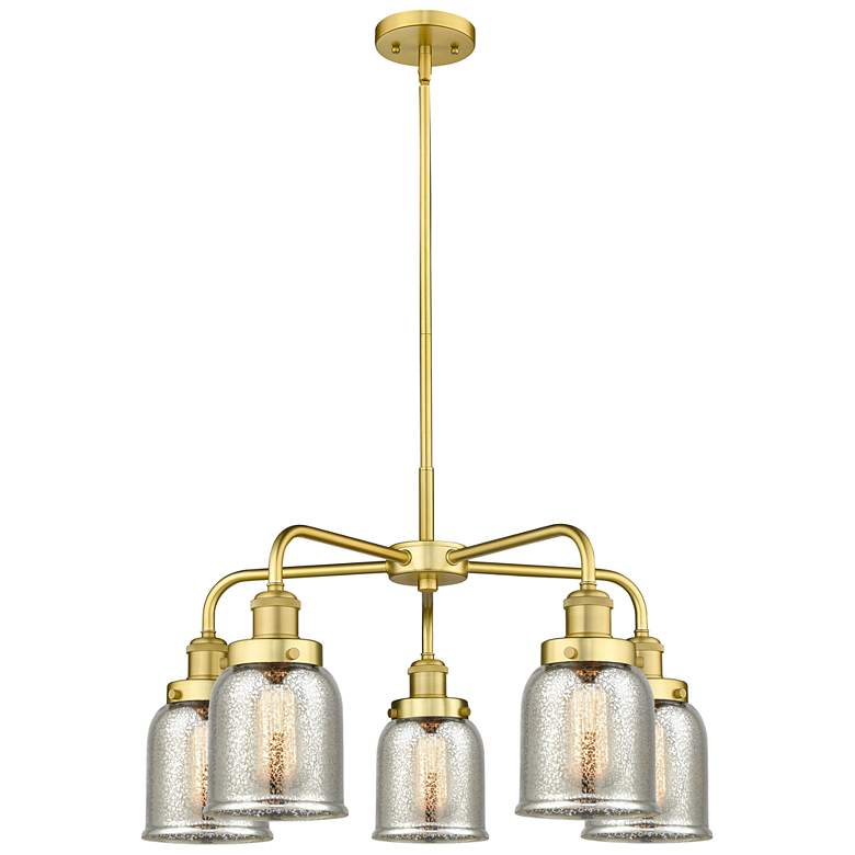 Image 1 Bell 23"W 5 Light Satin Gold Stem Hung Chandelier w/ Mercury Glass Sha
