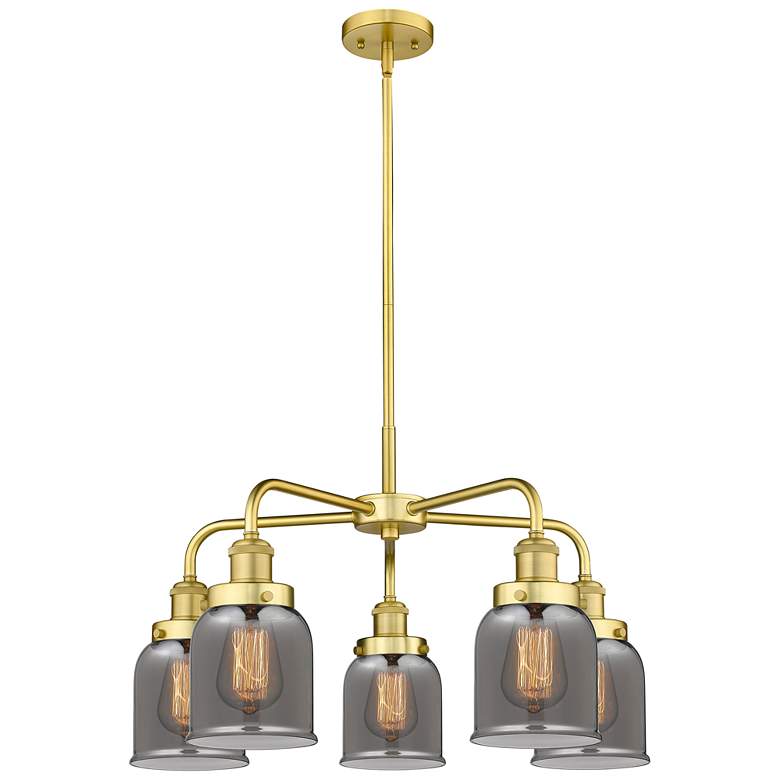 Image 1 Bell 23 inchW 5 Light Satin Gold Stem Hung Chandelier w/ Smoke Glass Shade