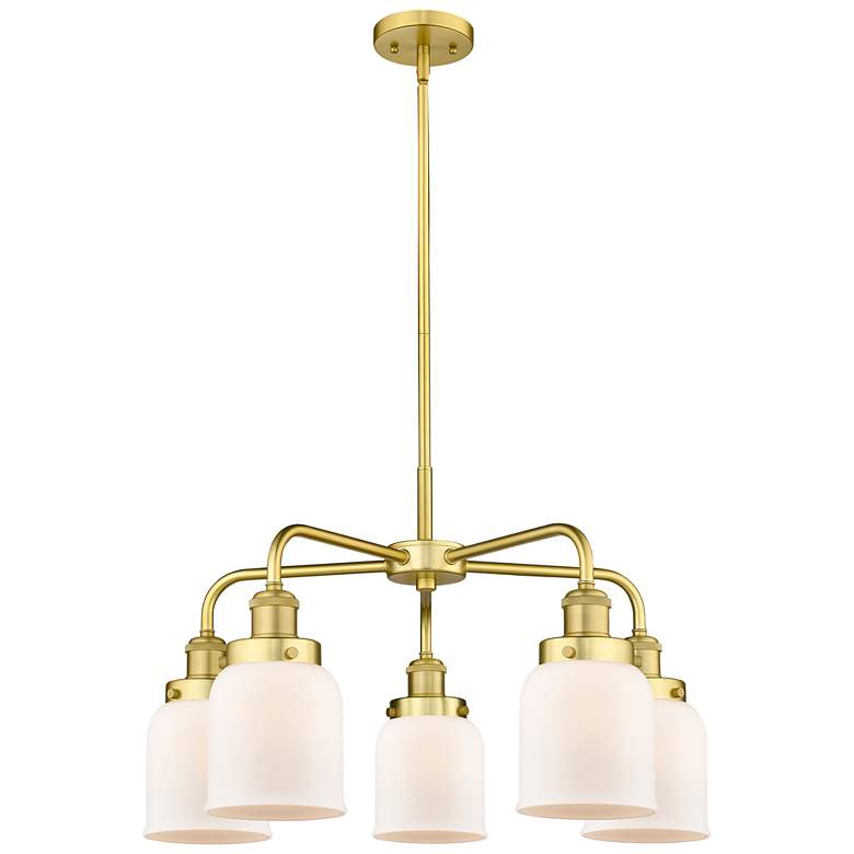 Image 1 Bell 23"W 5 Light Satin Gold Stem Hung Chandelier w/ White Shade