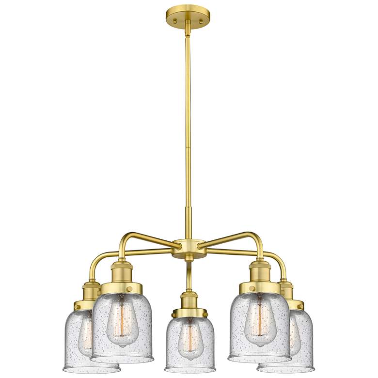 Image 1 Bell 23 inchW 5 Light Satin Gold Stem Hung Chandelier With Seedy Glass Sha