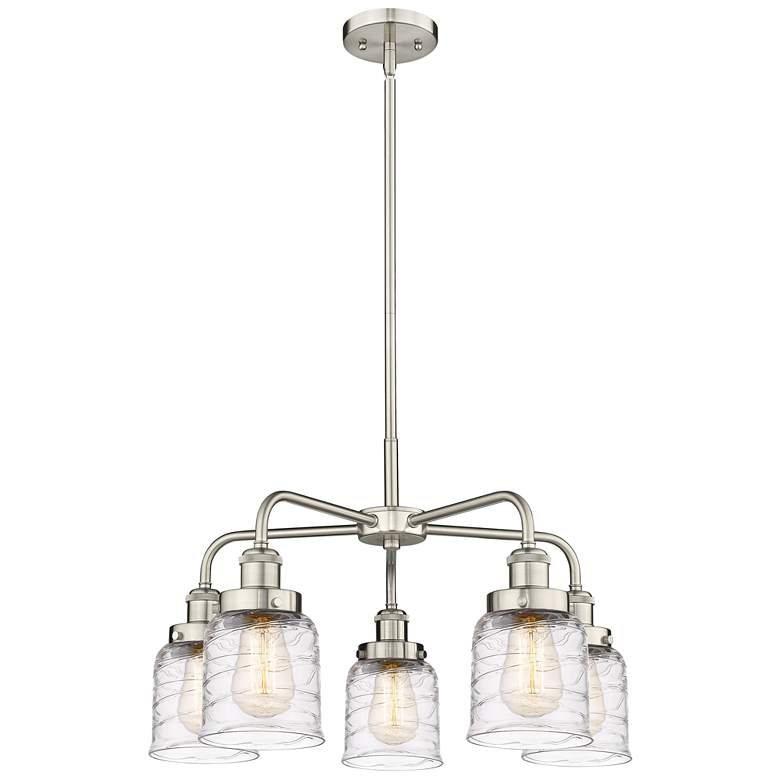 Image 1 Bell 23"W 5 Light Satin Nickel Stem Hung Chandelier w/ Deco Swirl Shad