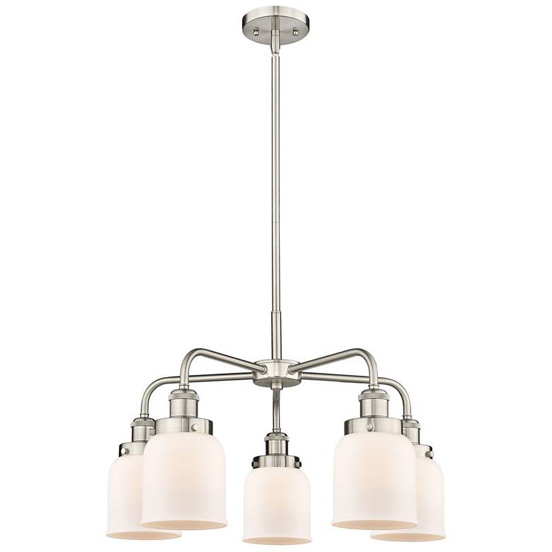 Image 1 Bell 23 inchW 5 Light Satin Nickel Stem Hung Chandelier w/ White Shade