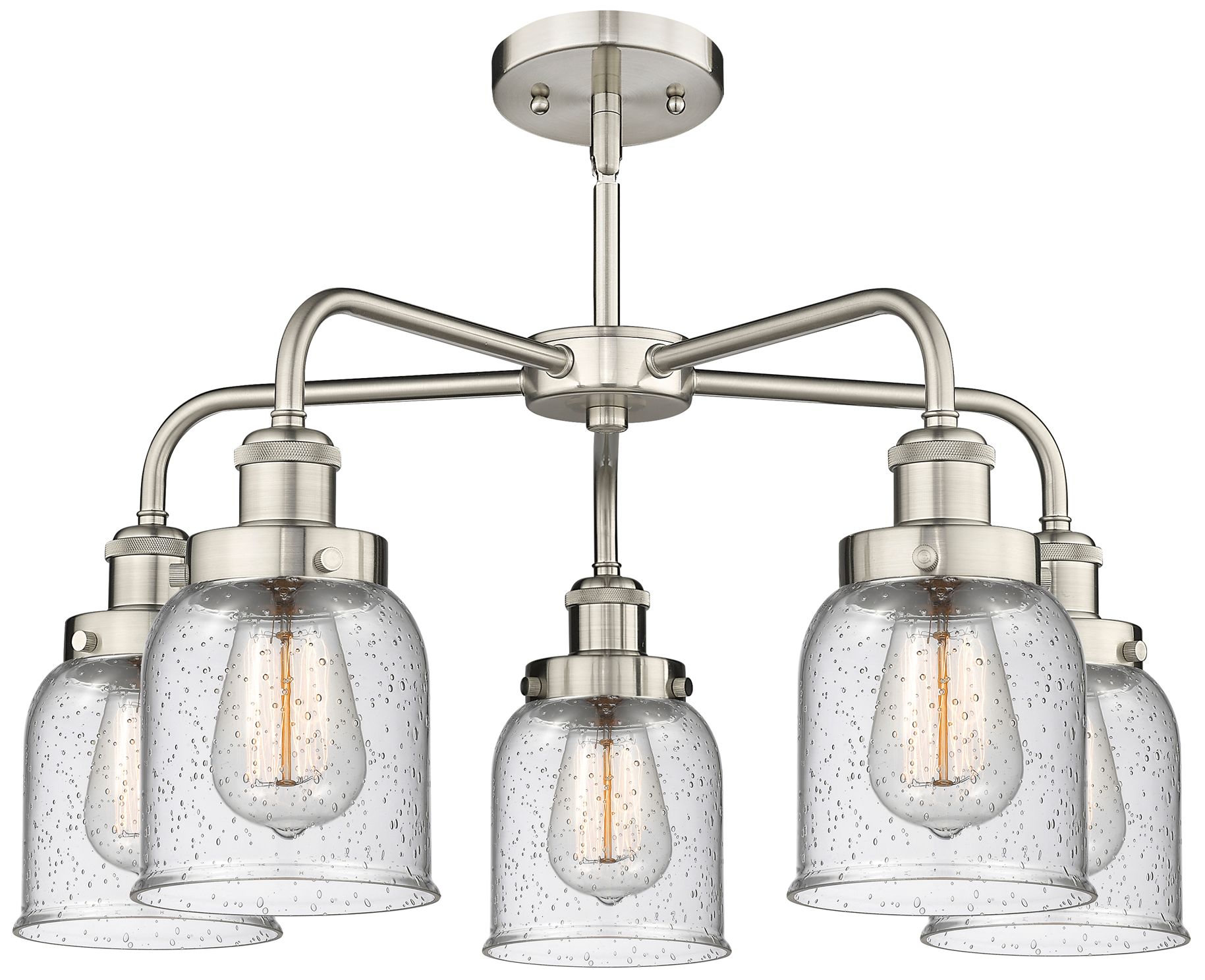 Image 2 Bell 23"W 5 Light Satin Nickel Stem Hung Chandelier With Seedy Glass S more views