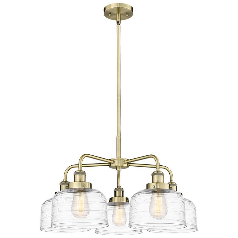Image 1 Bell 26"W 5 Light Antique Brass Stem Hung Chandelier w/ Deco Swirl Sha