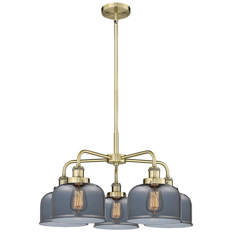 Image 1 Bell 26"W 5 Light Antique Brass Stem Hung Chandelier w/ Smoke Glass Sh