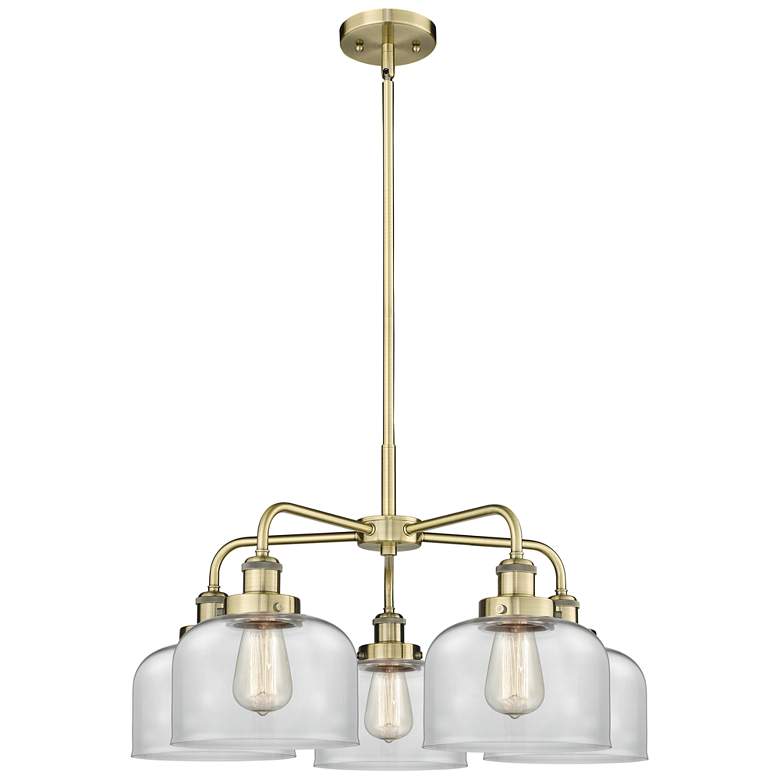 Image 1 Bell 26"W 5 Light Antique Brass Stem Hung Chandelier With Clear Glass