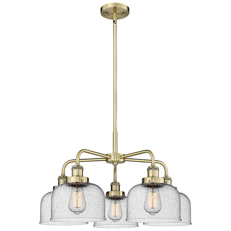 Image 1 Bell 26"W 5 Light Antique Brass Stem Hung Chandelier With Seedy Glass