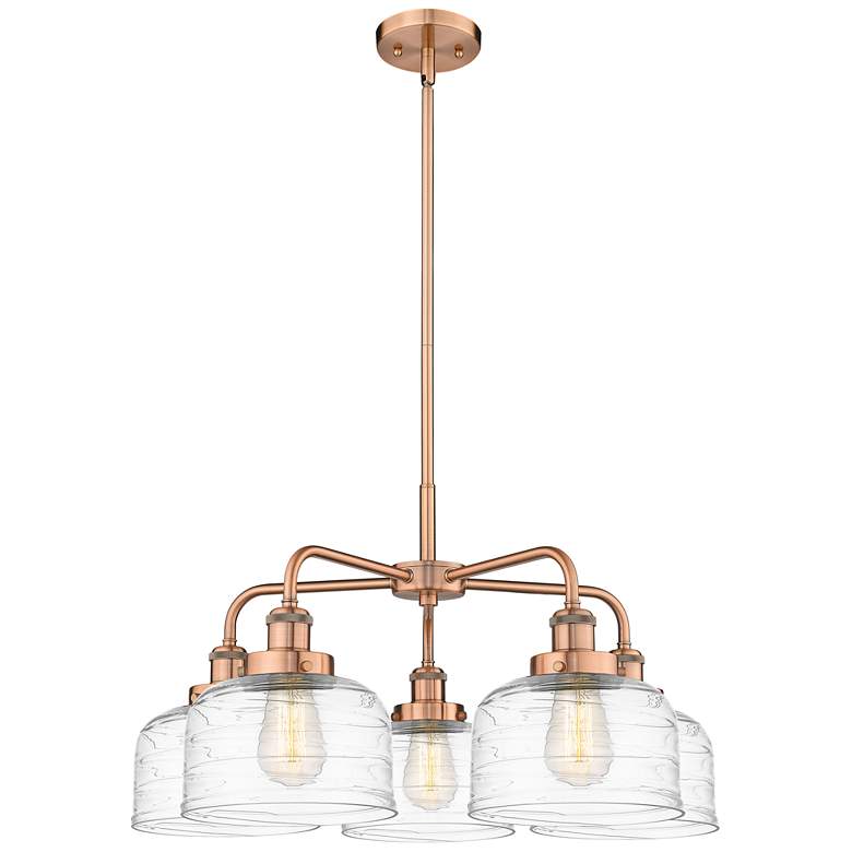 Image 1 Bell 26"W 5 Light Antique Copper Stem Hung Chandelier w/ Deco Swirl Sh