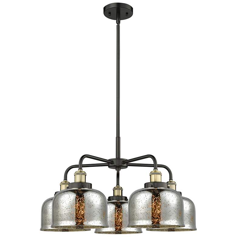 Image 1 Bell 26"W 5 Light Black Brass Stem Hung Chandelier w/ Mercury Glass Sh