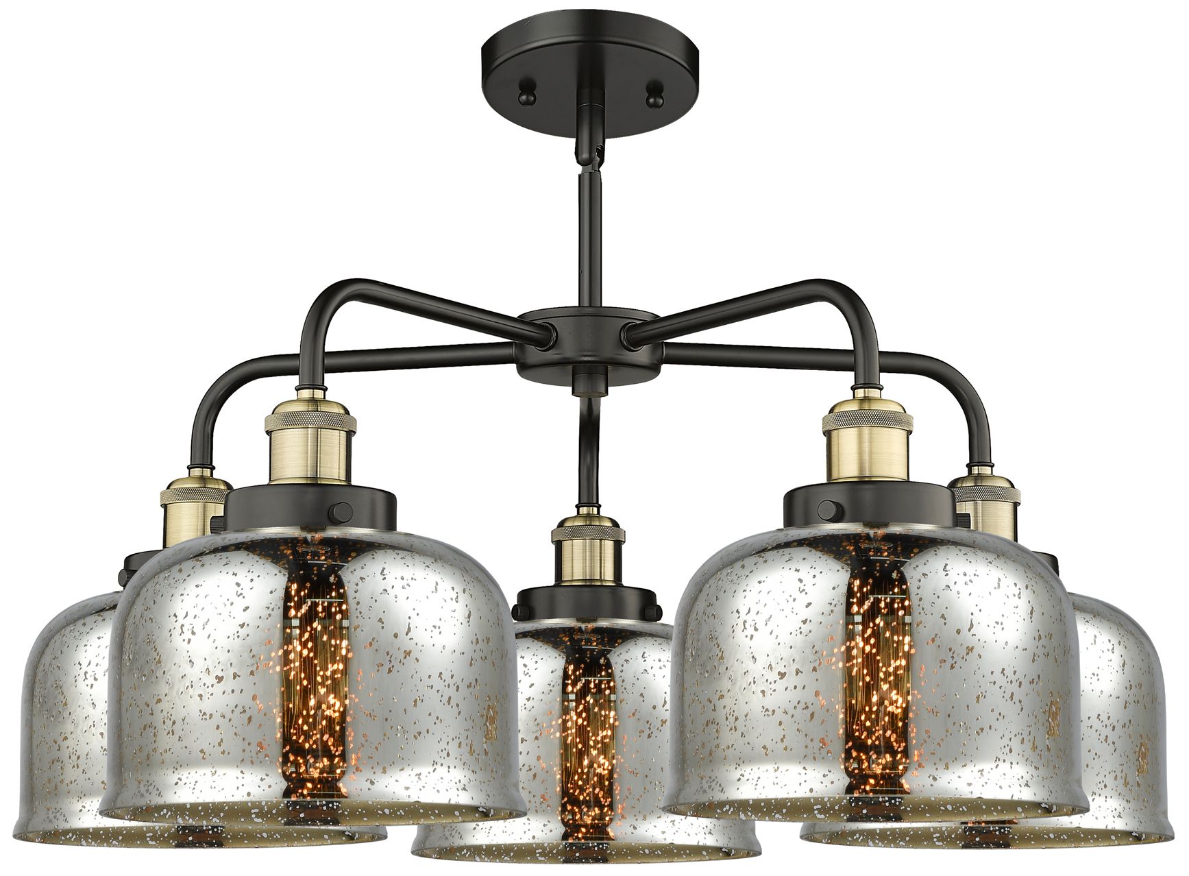 Image 2 Bell 26"W 5 Light Black Brass Stem Hung Chandelier w/ Mercury Glass Sh more views