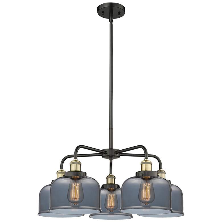 Image 1 Bell 26"W 5 Light Black Brass Stem Hung Chandelier w/ Smoke Glass Shad
