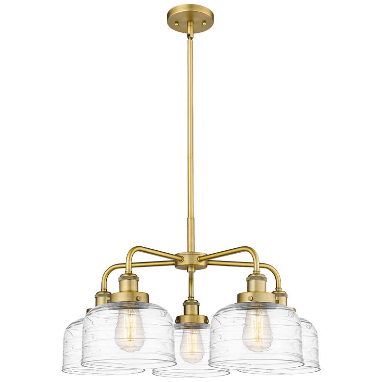 Image 1 Bell 26"W 5 Light Brushed Brass Stem Hung Chandelier w/ Deco Swirl Sha