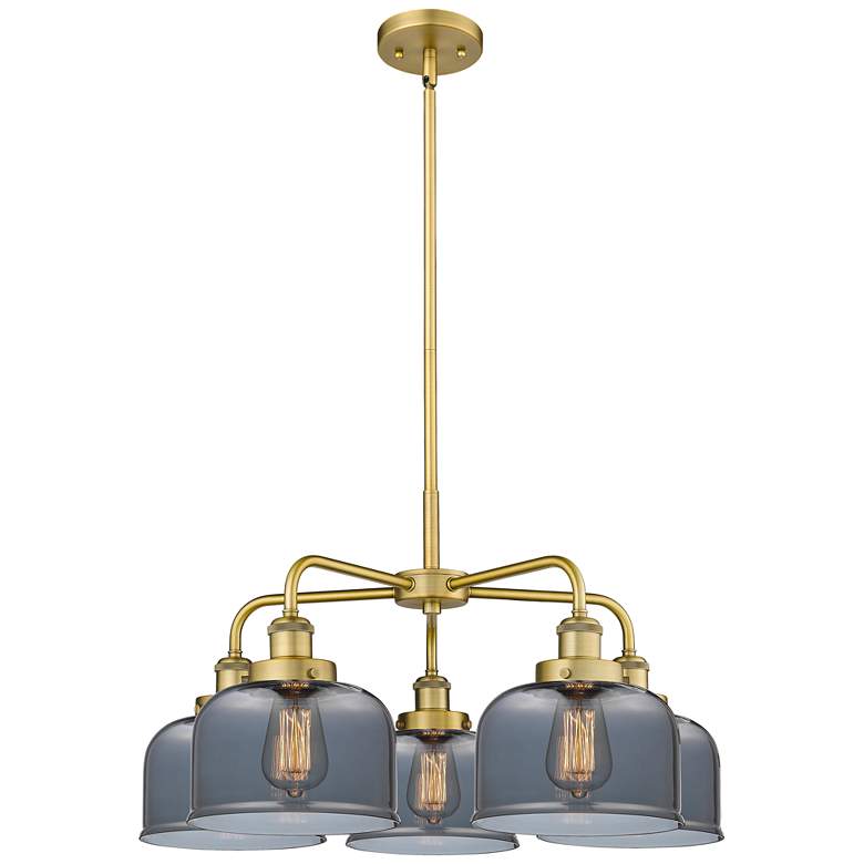 Image 1 Bell 26"W 5 Light Brushed Brass Stem Hung Chandelier w/ Smoke Glass Sh