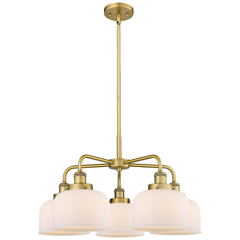 Image 1 Bell 26"W 5 Light Brushed Brass Stem Hung Chandelier w/ White Shade