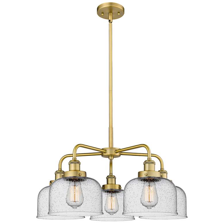 Image 1 Bell 26"W 5 Light Brushed Brass Stem Hung Chandelier With Seedy Glass
