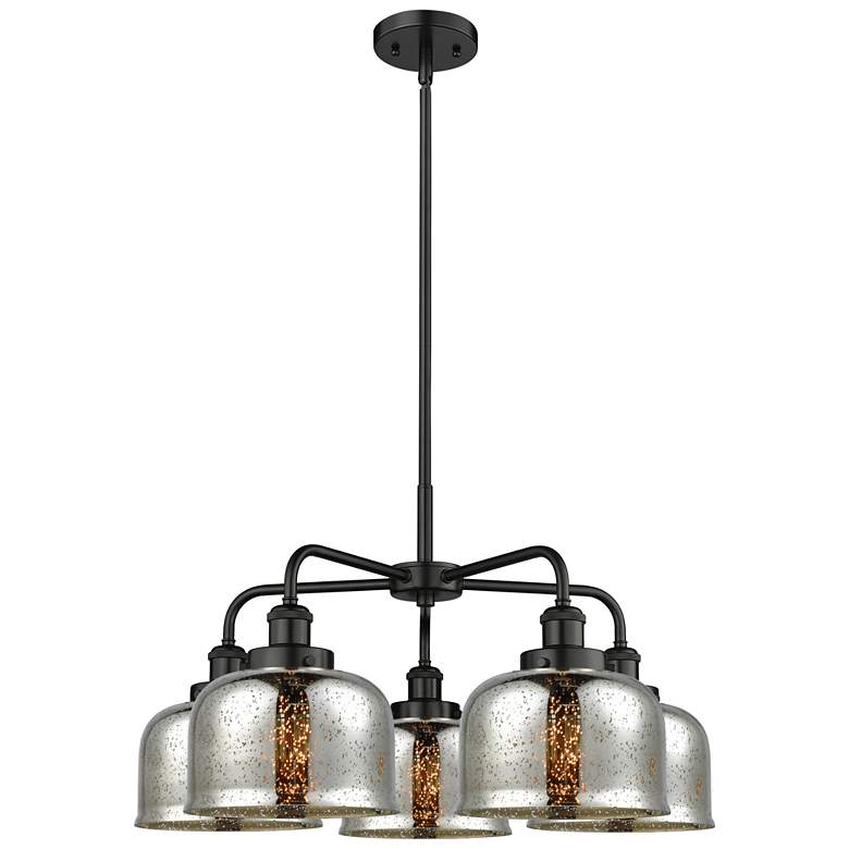 Image 1 Bell 26"W 5 Light Matte Black Stem Hung Chandelier w/ Mercury Glass Sh