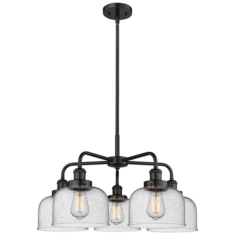 Image 1 Bell 26"W 5 Light Matte Black Stem Hung Chandelier With Seedy Glass Sh