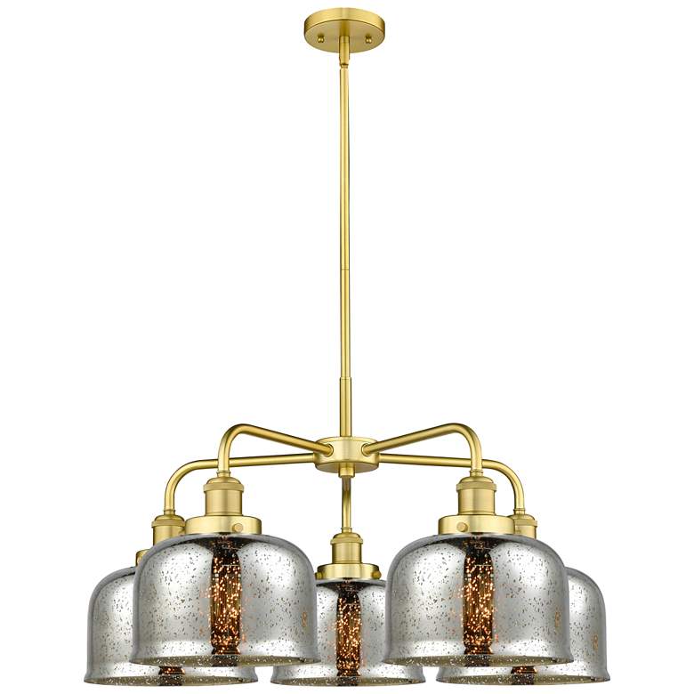 Image 1 Bell 26"W 5 Light Satin Gold Stem Hung Chandelier w/ Mercury Glass Sha