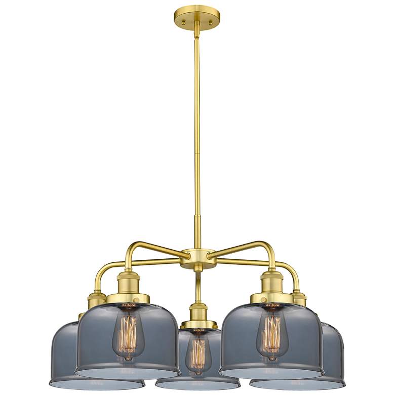 Image 1 Bell 26"W 5 Light Satin Gold Stem Hung Chandelier w/ Smoke Glass Shade