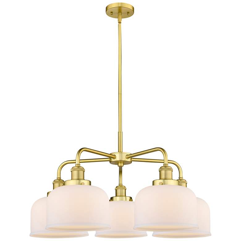 Image 1 Bell 26"W 5 Light Satin Gold Stem Hung Chandelier w/ White Shade