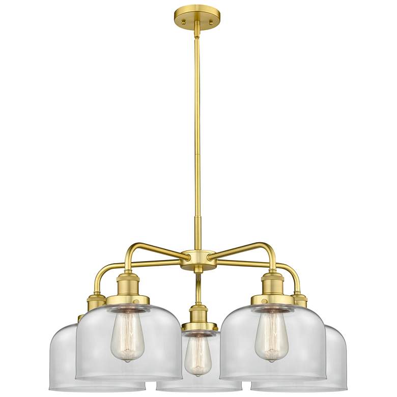 Image 1 Bell 26 inchW 5 Light Satin Gold Stem Hung Chandelier With Clear Glass Sha