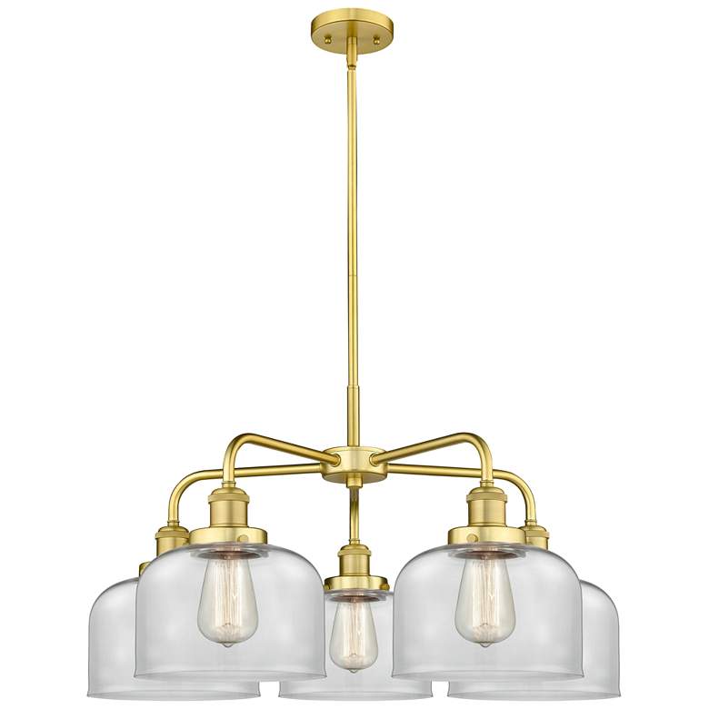 Image 1 Bell 26"W 5 Light Satin Gold Stem Hung Chandelier With Clear Glass Sha