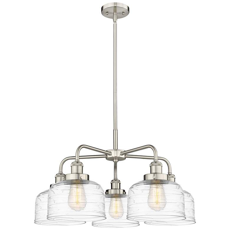Image 1 Bell 26"W 5 Light Satin Nickel Stem Hung Chandelier w/ Deco Swirl Shad