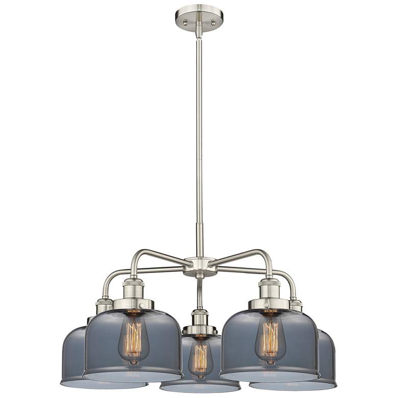 Image 1 Bell 26"W 5 Light Satin Nickel Stem Hung Chandelier w/ Smoke Glass Sha