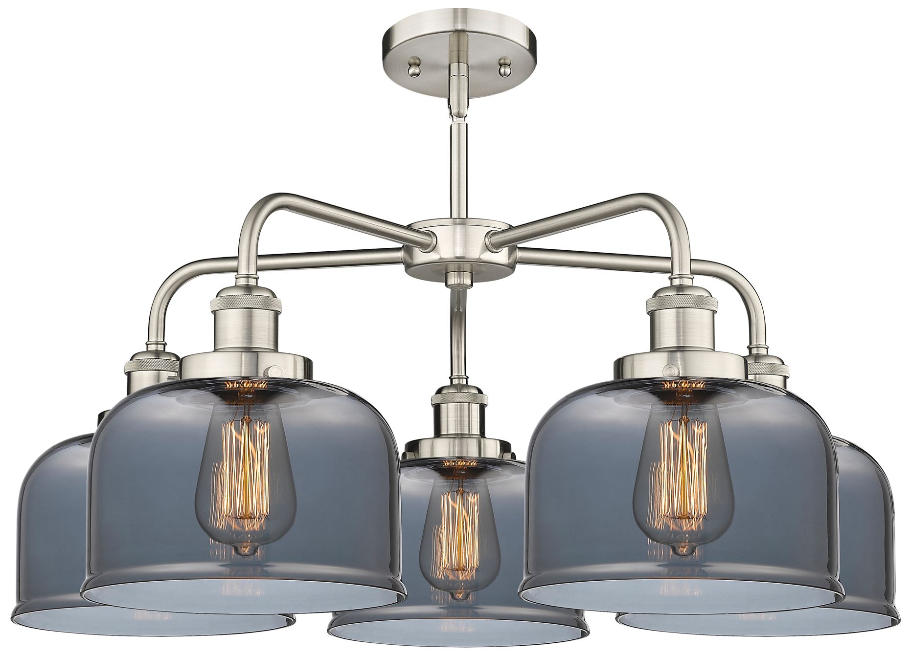 Image 2 Bell 26"W 5 Light Satin Nickel Stem Hung Chandelier w/ Smoke Glass Sha more views