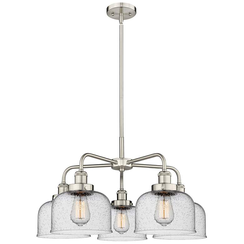 Image 1 Bell 26"W 5 Light Satin Nickel Stem Hung Chandelier With Seedy Glass S