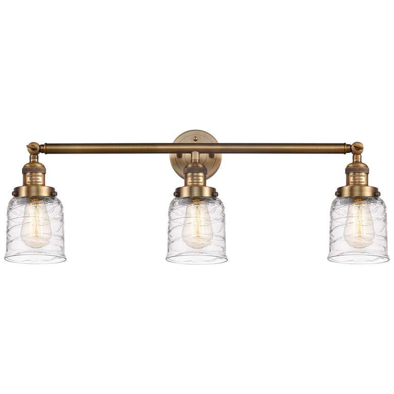 Image 1 Bell 3 Light 30" Bath Light - Brushed Brass - Deco Swirl Shade