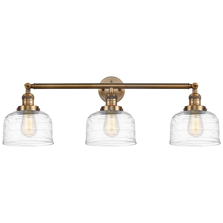 Image 1 Bell 3 Light 32" Bath Light - Brushed Brass - Clear Deco Swirl Shade