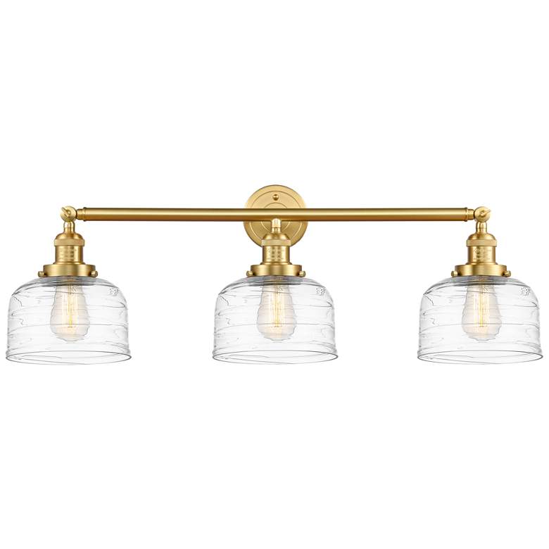 Image 1 Bell 3 Light 32 inch Bath Light - Satin Gold - Clear Deco Swirl Shade