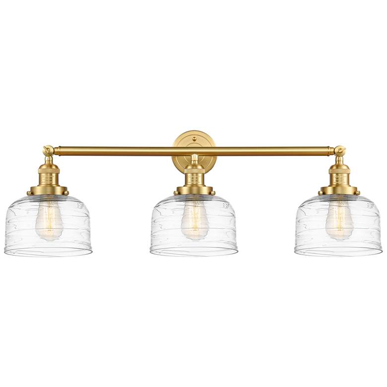 Image 1 Bell 3 Light 32" LED Bath Light - Satin Gold - Clear Deco Swirl Shade