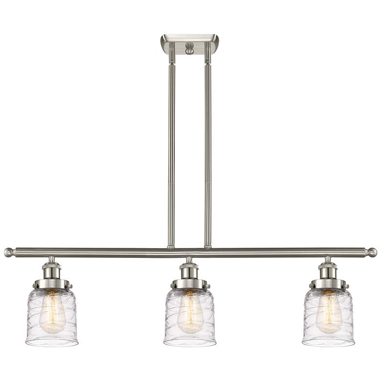 Image 1 Bell 3 Light 36" Island Light - Brushed Satin Nickel - Deco Swirl Sha
