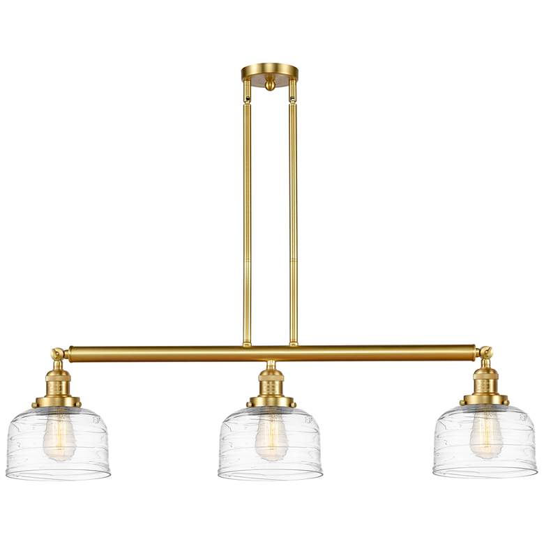 Image 1 Bell 3 Light 41" Island Light - Satin Gold - Clear Deco Swirl Shade