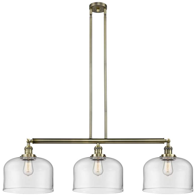 Image 1 Bell 3 Light 42 inch Island Light - Antique Brass  - Clear Shade