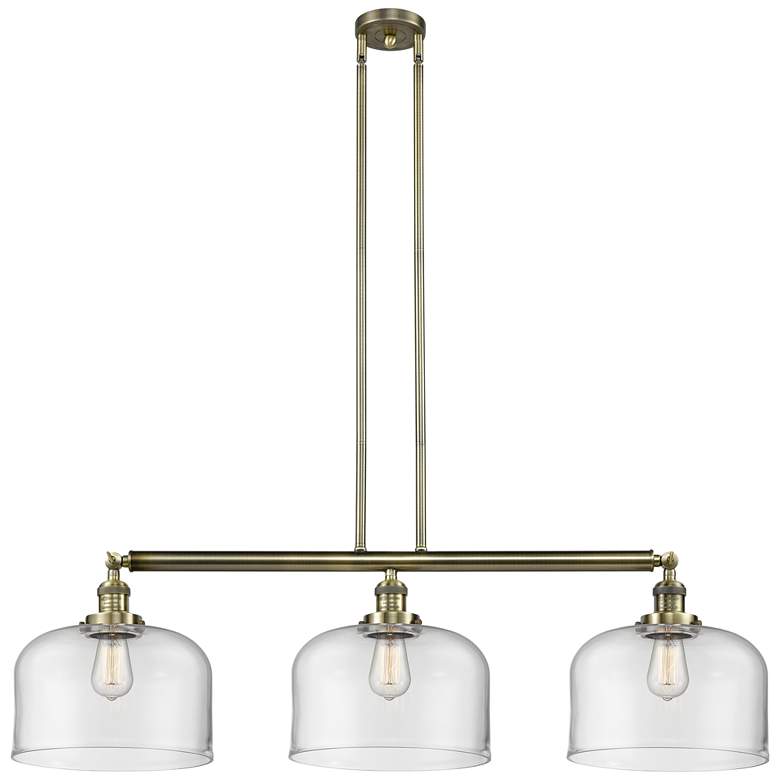 Image 1 Bell 3 Light 42" Island Light - Antique Brass - Clear Shade