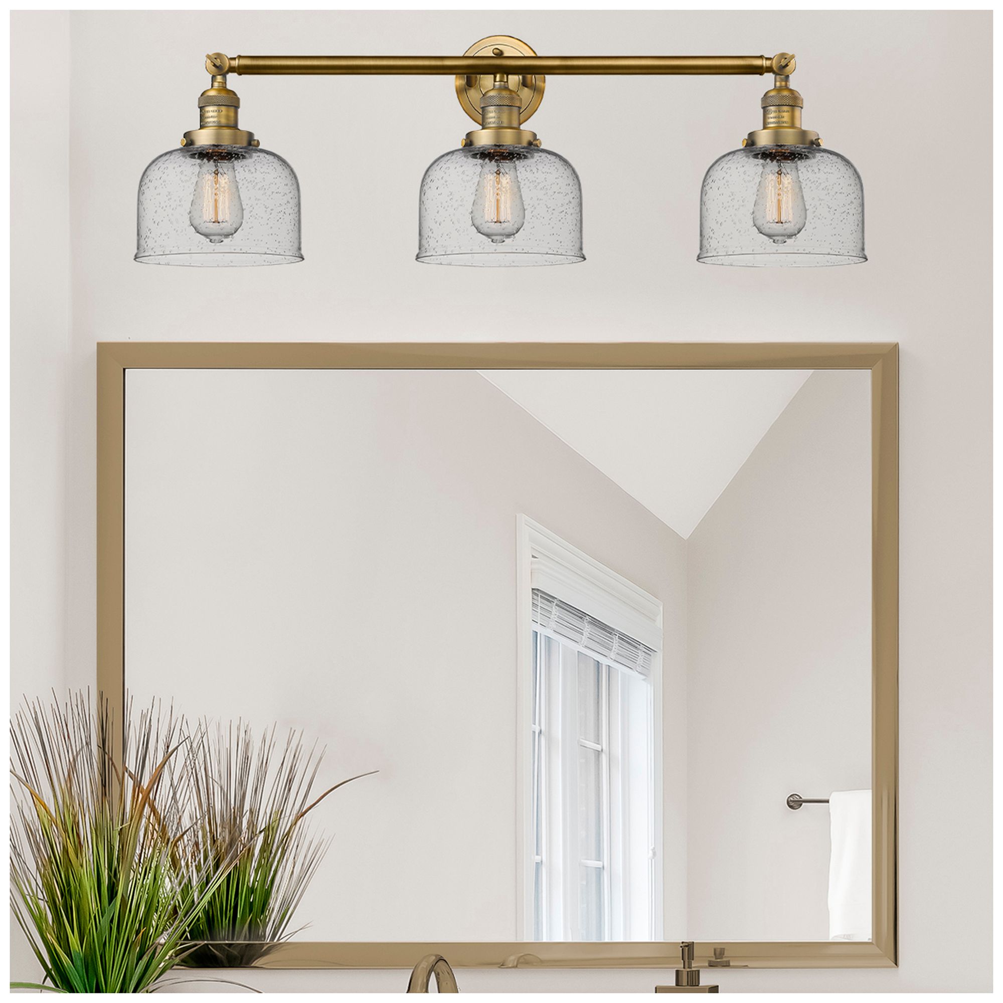 Image 3 Bell 32" Wide 3 Light Brushed Brass Bath Vanity Light w/ Seedy Shade more views