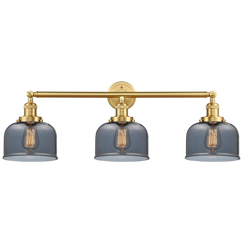 Image 1 Bell 32" Wide 3 Light Satin Gold Bath Vanity Light w/ Plated Smoke Sha