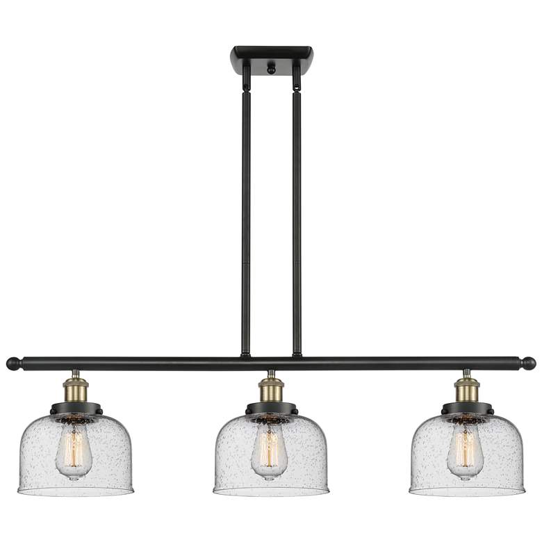 Image 1 Bell 36" Wide 3 Light Black Brass Island Light w/ Seedy Shade