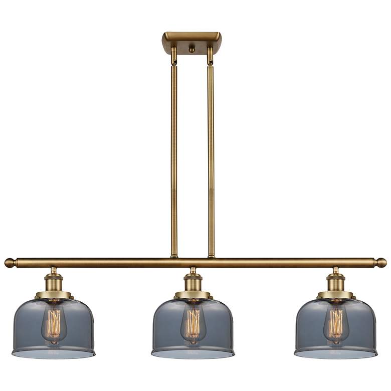 Image 1 Bell 36" Wide 3 Light Brushed Brass Island Light w/ Plated Smoke Shade