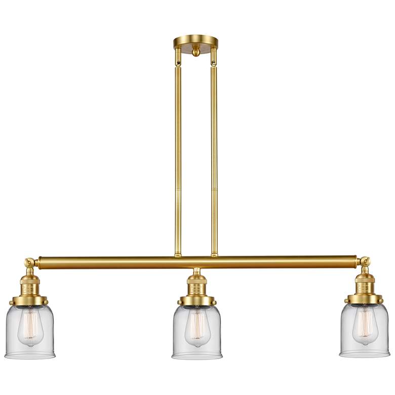 Image 1 Bell 37.5" Wide 3 Light Satin Gold Stem Hung Island Light w/ Clear Sha