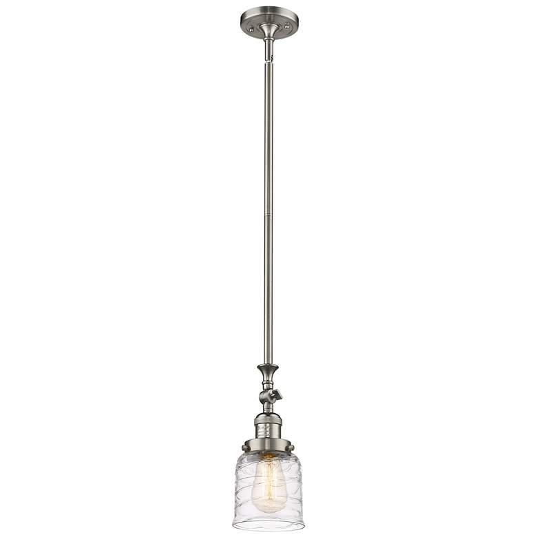 Image 1 Bell 5" Brushed Satin Nickel Stem Hung Mini Pendant w/ Deco Swirl Shad