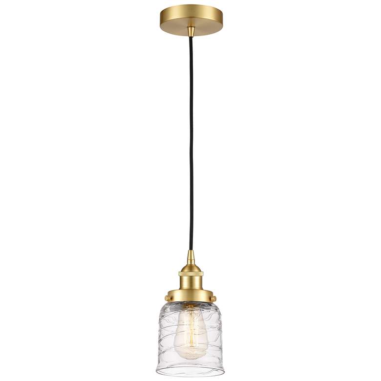 Image 1 Bell 5" Satin Gold Mini Pendant w/ Deco Swirl Shade