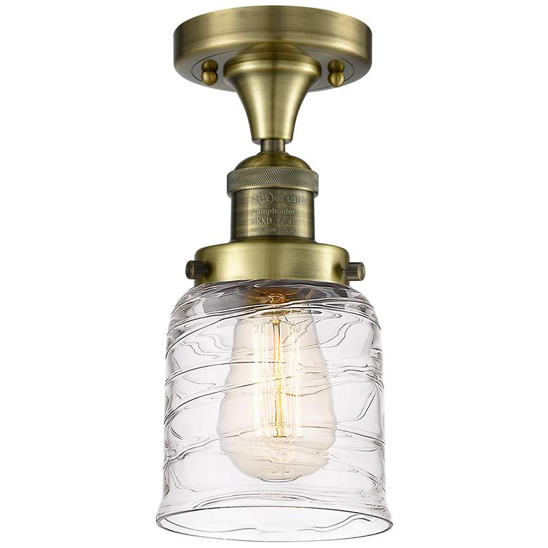 Image 1 Bell 5" Semi-Flush Mount - Antique Brass - Deco Swirl Shade