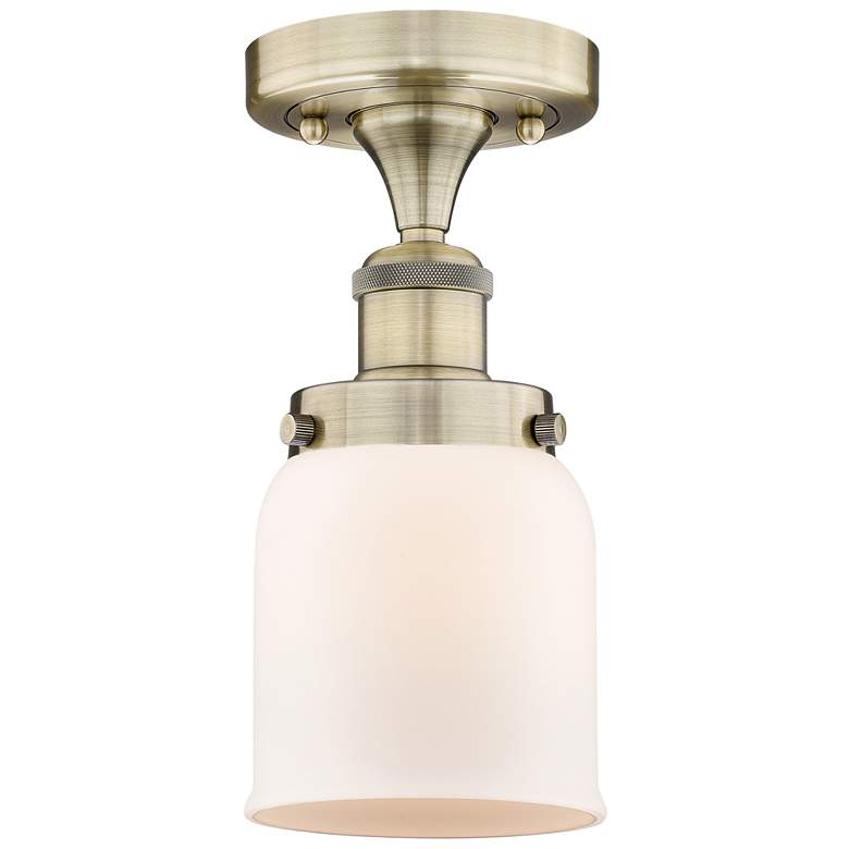 Image 1 Bell 5" Wide Antique Brass Semi.Flush Mount With Matte White Glass Sha