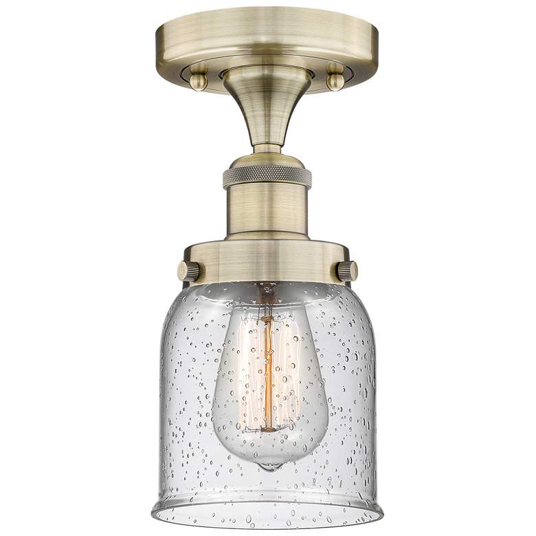 Image 1 Bell 5" Wide Antique Brass Semi.Flush Mount With Seedy Glass Shade