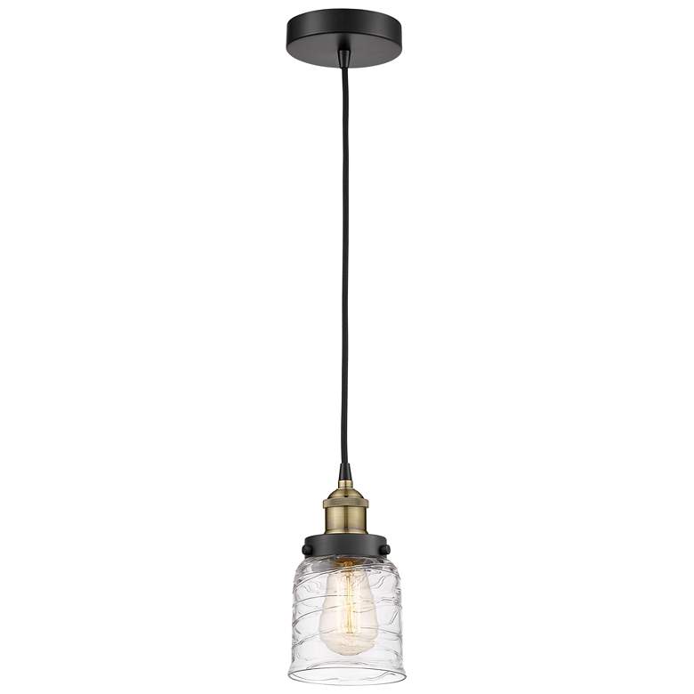 Image 1 Bell 5" Wide Black Brass Corded Mini Pendant With Deco Swirl Shade