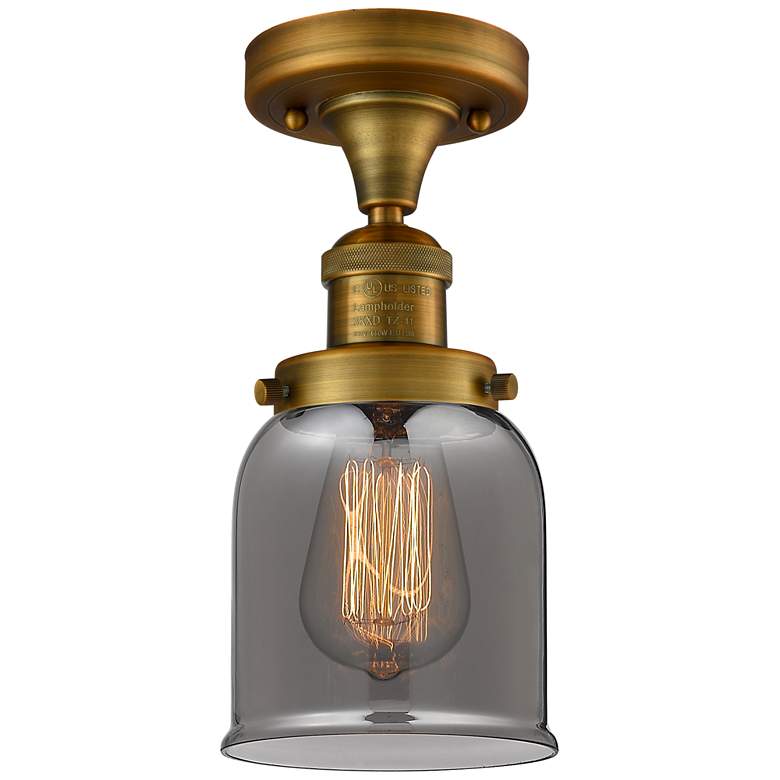 Image 1 Bell 5" Wide Brushed Brass Semi Flush Mount w/ Plated Smoke Shade
